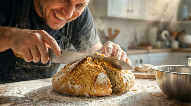 Sourdough slicing action performed by a smiling male artisan baker in a bright kitchen
