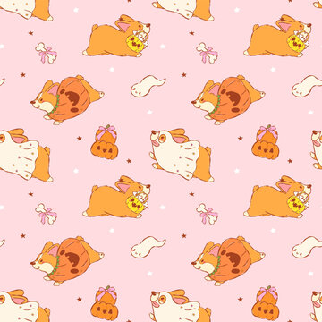 Halloween Corgi Seamless Pattern Cute Kawaii Spooky Dog Ghost Pumpkin Trick or Treat