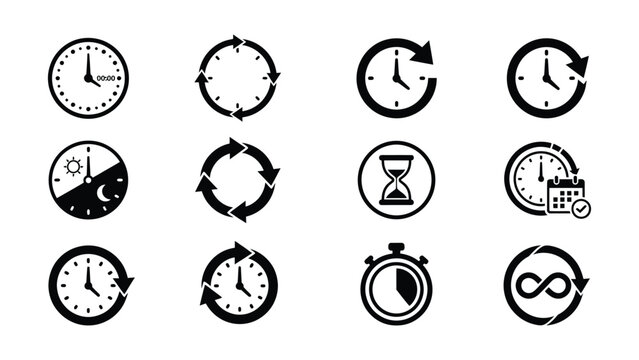 Set of twelve stylish clock icons with circular arrows for time themes
