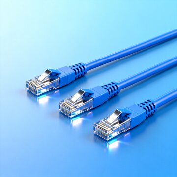 Three Blue Ethernet Network Cables With RJ45 Connectors