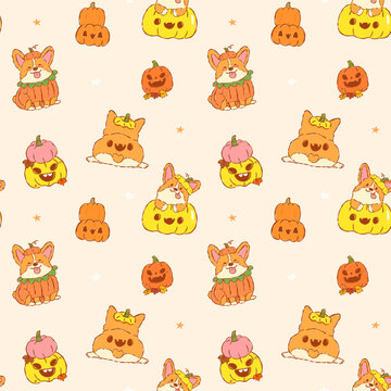 Cute Halloween corgi seamless pattern Spooky pumpkin dog costumes playful cartoon in a repeat background.