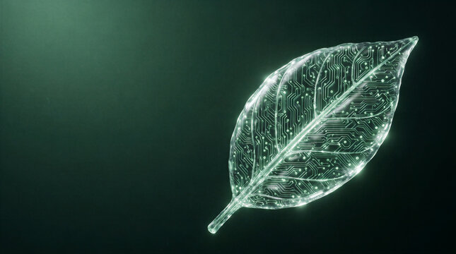 Luminous glass leaf featuring glowing circuit board pathways and crystalline material glowing against a dark background