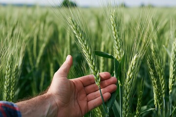 Obraz premium The Wheat Closeup Hand Touching Ears In A Lush Green Field