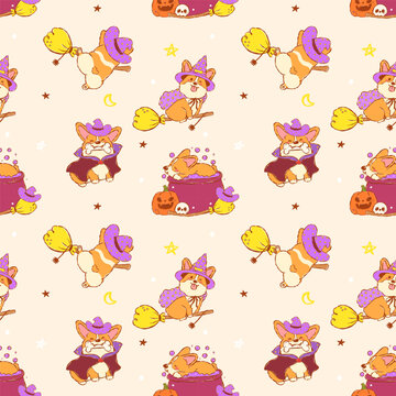Halloween Corgi Witch Seamless Pattern Cute Kawaii Spooky Dog Costume Repeat Background