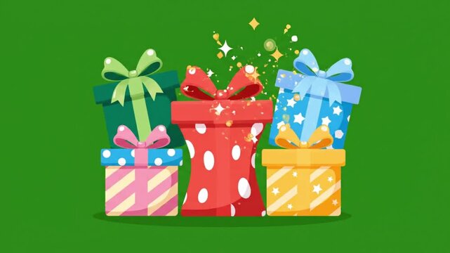 Stack of colorful Christmas gift boxes with sparkles animation on green screen