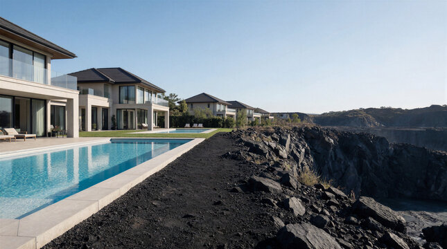 Large luxurious estate homes with swimming pools and high walls stand on a ridge overlooking a deep active basalt quarry