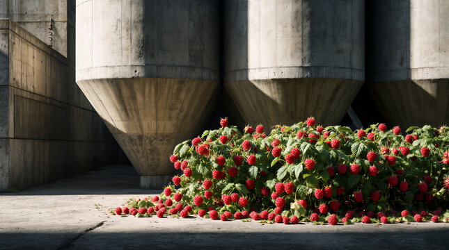 Industrial berry patch thrives in the direct shadow of brutalist concrete industrial cylinders and massive architecture