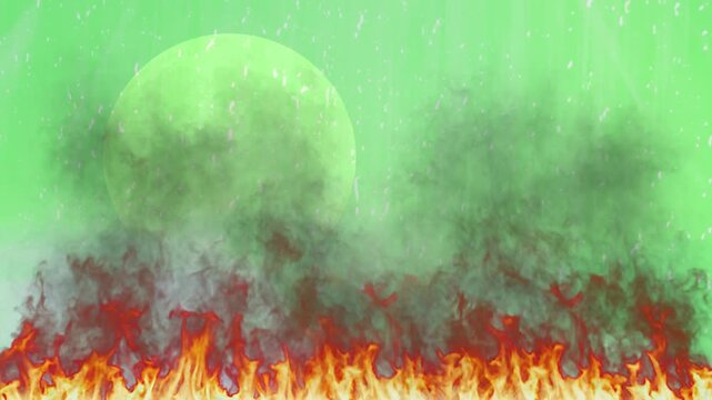 Fire burning intensely along the ground beneath a large pale moon and thick dark smoke clouds set against a bright green digital background illustration.