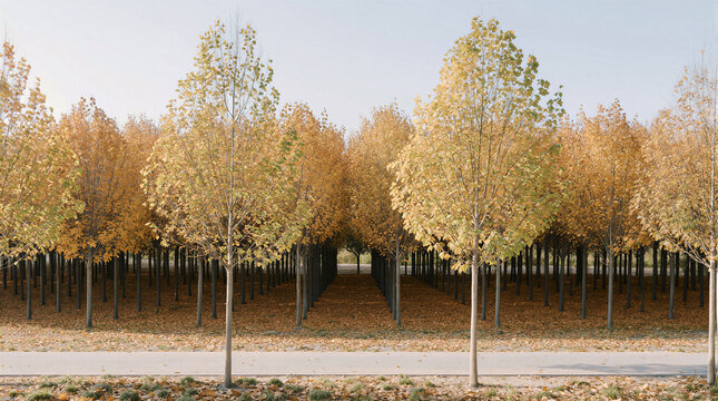 Autumn landscape featuring a row of young trees along a new path showing early tentative color change compared to a mature stand
