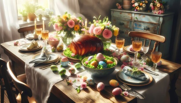 A beautiful Easter scene with a rustic wooden table setting, featuring decorated eggs, a fresh green salad, and a glazed ham as the centerpiece, Ai generated image