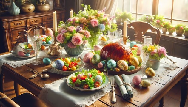 A beautiful Easter scene with a rustic wooden table setting, featuring decorated eggs, a fresh green salad, and a glazed ham as the centerpiece, Ai generated image