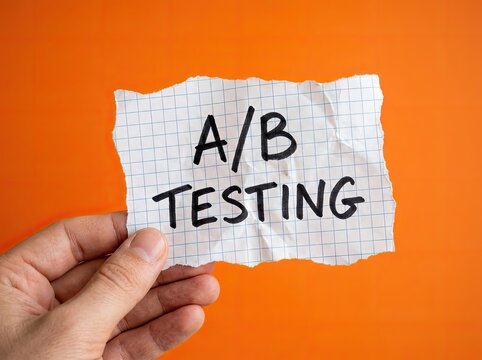 Hand holding A B testing note on orange background ideal for digital marketing content symbolizing experimentation and data strategy