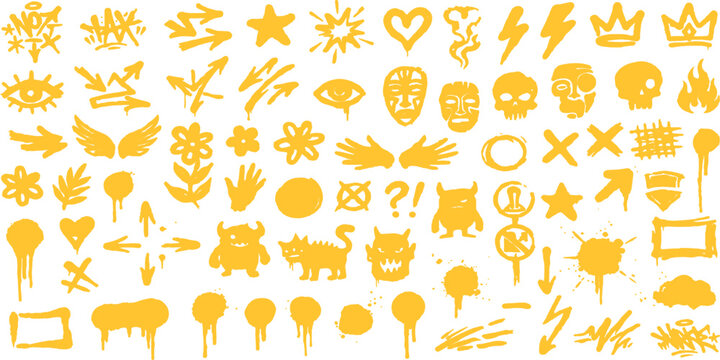 Retro white and yellow hand drawn doodle icon set. Grunge texture pattern for poster and template.