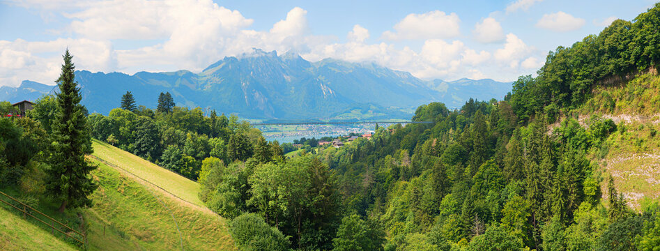 pedestrian suspension bridge over gorge Sigriswi, lake Thun, bernese oberland swiss alps