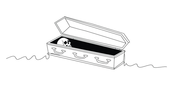 Human skull inside an open wooden coffin sketch line art illustration