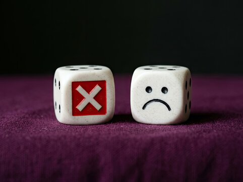 White dice showing a red cross mark and sad face suitable for business risk content symbolizing failure bad luck and disappointment
