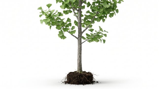 Ginkgo biloba tree with exposed root ball, young green maidenhair tree on white background, botanical sapling for landscaping