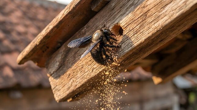 Close up of carpenter bee creating its tunnel home