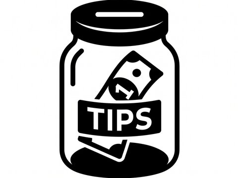A black and white vector icon of a tip jar containing a banknote, ideal for service industry apps, payment interfaces, and hospitality business design, vector isolated on white