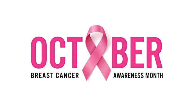 October breast cancer awareness month with pink ribbon isolated on white background