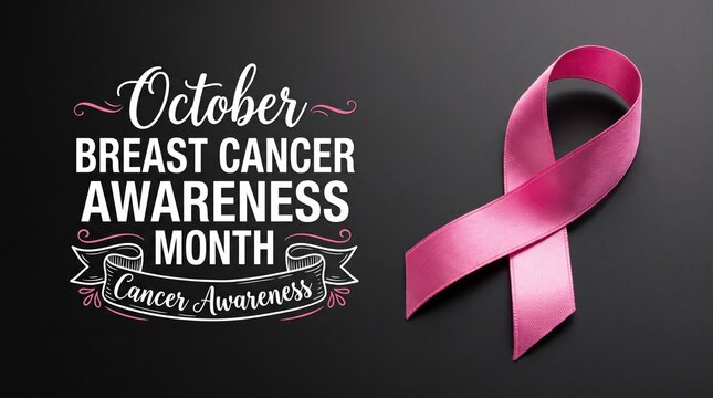 October breast cancer awareness month with pink ribbon on black background
