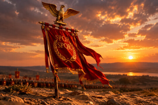 A red Roman legionary standard with a golden eagle planted in sandy soil.