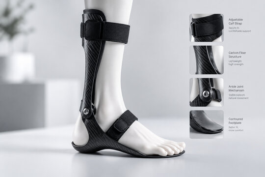 A carbon fiber ankle-foot orthosis fitted on a medical foot model.