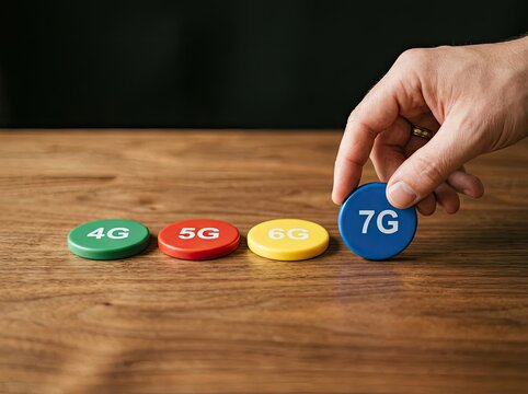 Hand placing 7G token next to 4G 5G and 6G chips on wood ideal for tech content symbolizing rapid network advancement and future connectivity