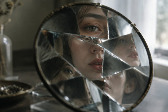 Shattered mirror reflecting fragmented facial features with soft window lighting.