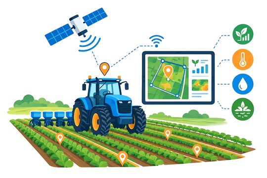 Vector illustration of modern smart agriculture system with autonomous tractor, satellite connection, and digital monitoring tablet on farm field.