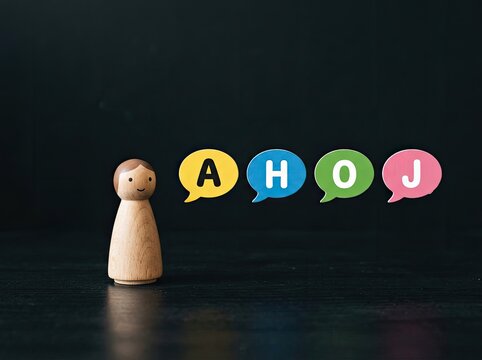 Wooden peg figure beside colorful speech bubbles spelling AHOJ ideal for language learning content representing friendly greeting and dialogue