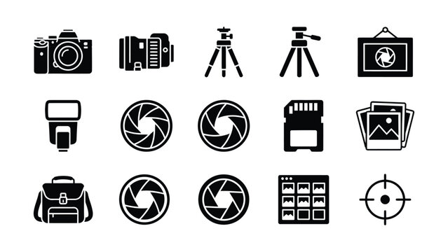 Collection of photography icons featuring cameras lenses and equipment on transparent background