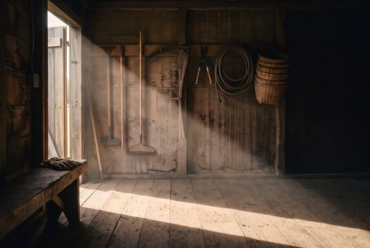Interior of a rustic golf course maintenance shed in soft morning light, aged weathered timber walls with a row of hand tools hung in neat order including wooden handled rakes.