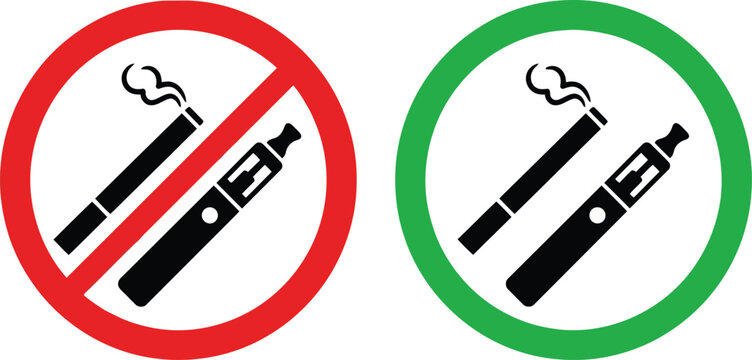 No smoking and no vaping signs set with cigarette and electronic cigarette icons in round borders