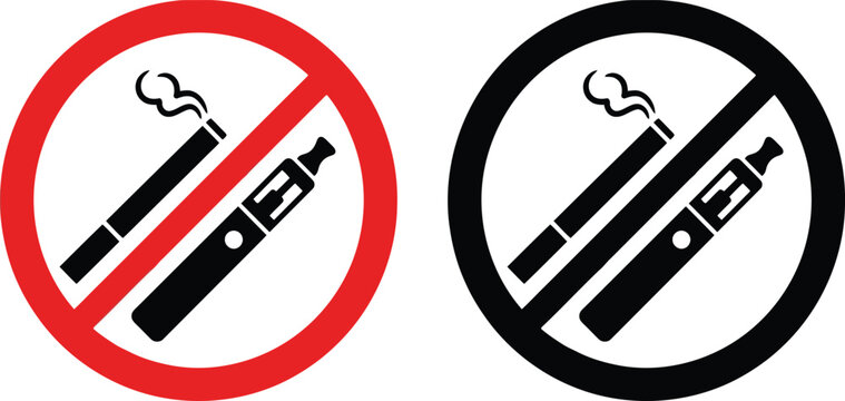 No smoking and no vaping prohibition signs with cigarette and electronic cigarette icons