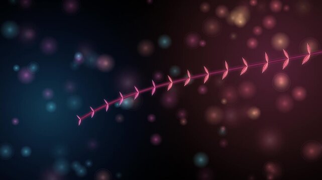 Abstract decorative vine line with glowing pink leaves floating in a dark blue and purple space with soft blurred bokeh lights in a dreamy magical atmosphere background 4k Motion Video