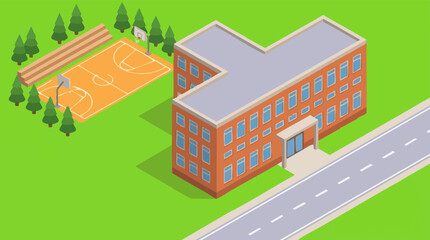 Fototapeta premium Isometric illustration of school building with basketball court and road