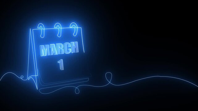 Glowing neon calendar icon showing the date of march first on a dark black background