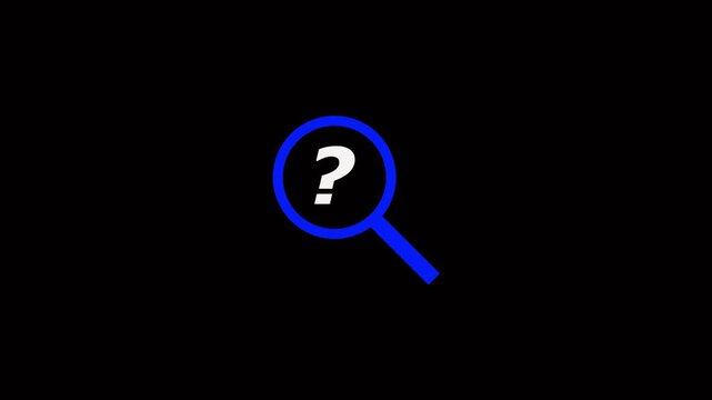 Blue magnifying glass icon with a question mark symbol on a dark black background