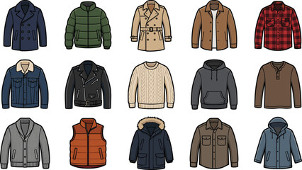 Men winter clothing set, jacket, coat, sweater, parka, hoodie vector illustration © Jarin