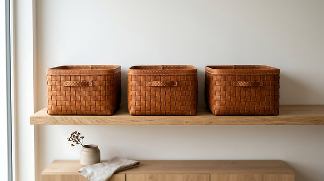 Three Woven Leather Storage Baskets on Wooden Shelf