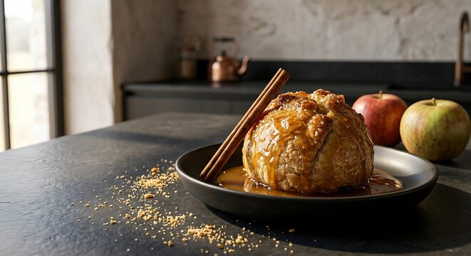 Baked apple pastry dumpling with caramel drizzle and cinnamon stick on plate