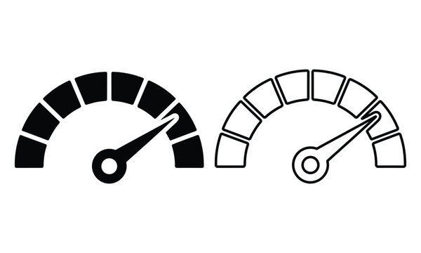 Professional speedometer gauge icons representing rapid performance and high efficiency with clean black vector silhouettes.