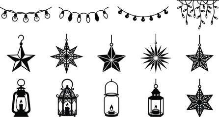 Fototapeta premium Christmas lights string, hanging stars, and decorative candle lanterns silhouette vector collection for holiday design