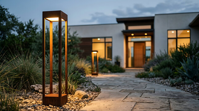 Modern Rusted Metal Garden Bollard Lights at Dusk