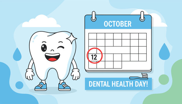 Cute cartoon tooth character standing next to a calendar marking dental health day on the twelfth of October.