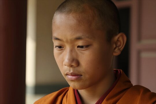 Captures Young Individual To Novice Monk Based On Attire Bright Orange Robe With Red Accents Commonly Worn By Buddhist Monks In Certain