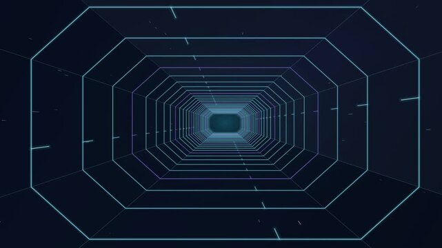 Sci-Fi Octagon Vector Jump Tunnel Glowing Ion Blue Warp Loop 4K, Futuristic Octagonal Wireframe Conduit Infinite Flythrough Motion Graphic