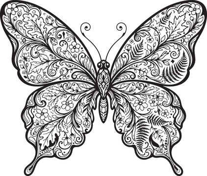 Symmetrical blackwork butterfly design with intricate lace patterns on