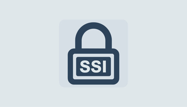 Secure server integration or SSI lock icon designed in dark blue over a light grey rounded square background, representing digital safety.